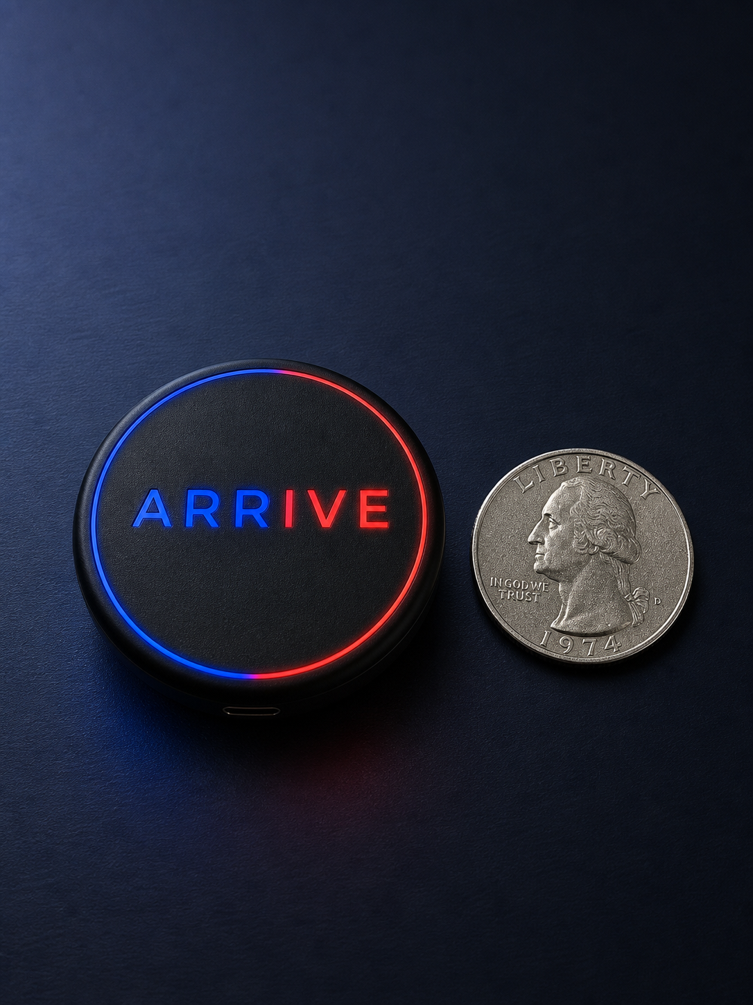 ARRIVE working prototype device next to a quarter for scale